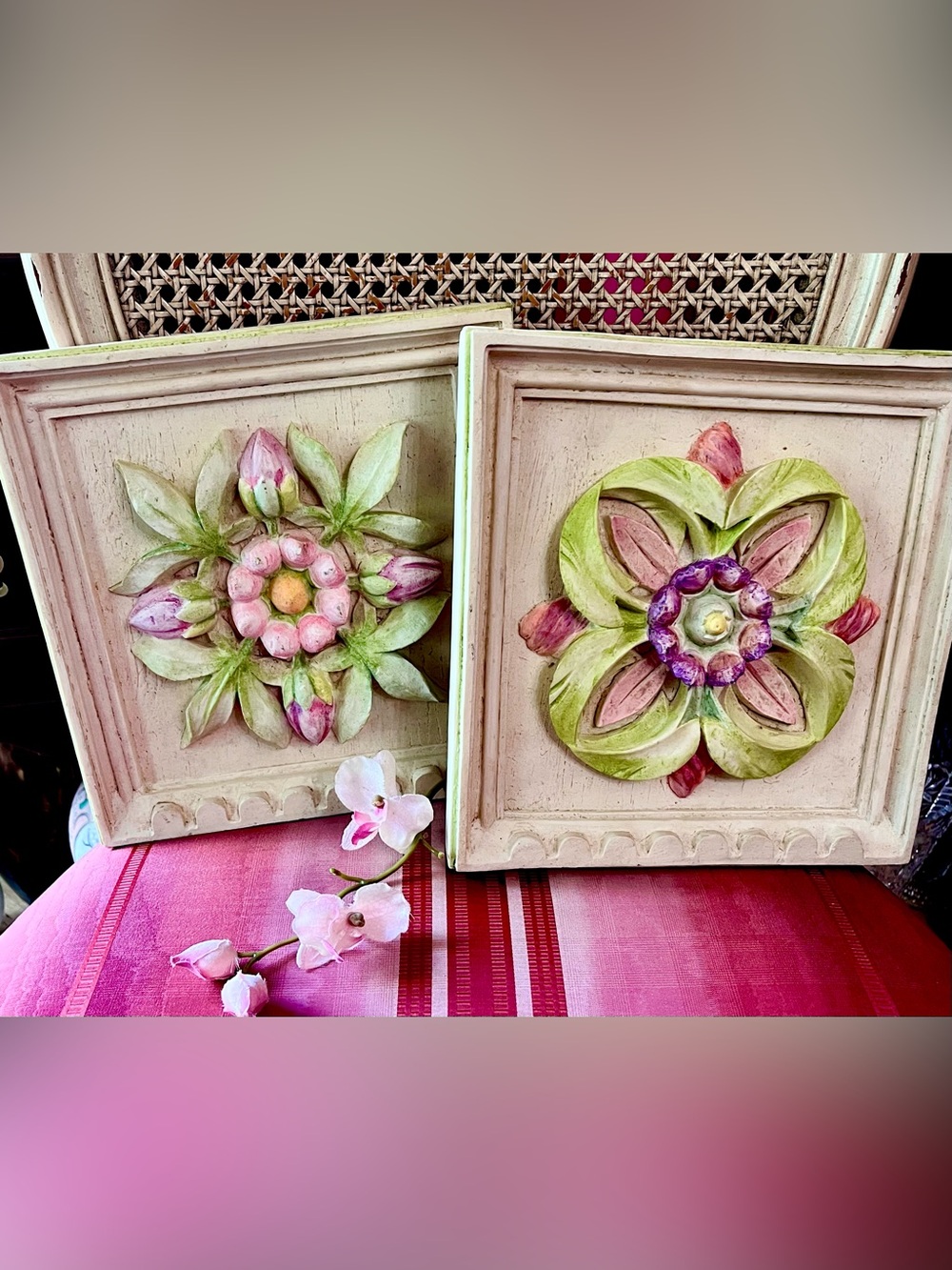 Pair of Vintage Cottagecore 3D Resin Floral Wall Plaques by House Parts Inc